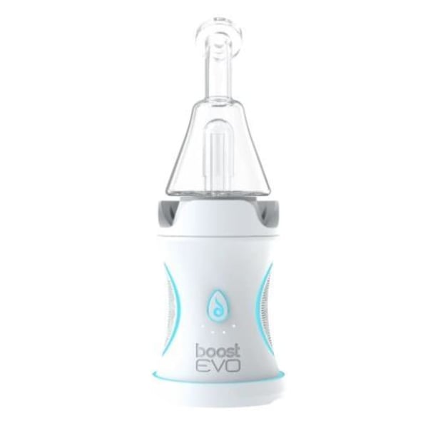 White and teal baby bottle with clear nipple for Dr. Dabber Boost Evo and accessories