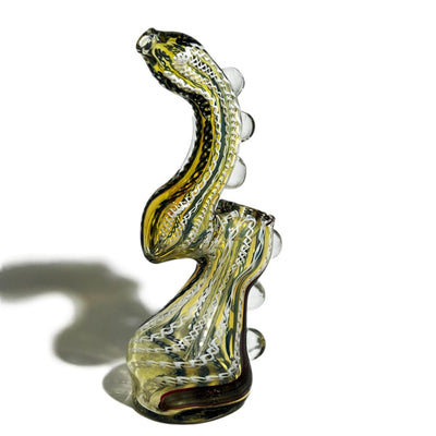 Amber glass bubbler resembling a snake with yellow and black patterns, 6 inches