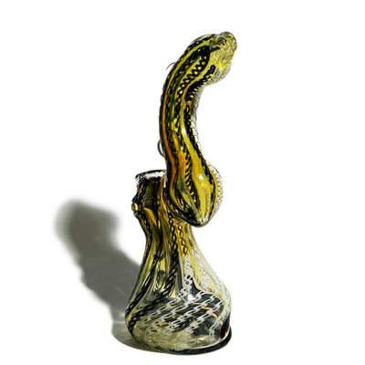 Amber glass bubbler pipe with swirled yellow and black pattern, 6-inch dragon bubbler design