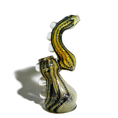 Amber glass bubbler shaped like a snake with yellow and black striped patterns, 6 inches