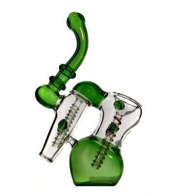 Green and clear Duotone Double Bubbler hand pipe with curved neck and percolator