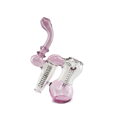 Pink glass Duotone Double Bubbler with curved neck and percolator chambers