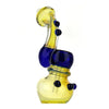 Duotone fumed glass bubbler with yellow, blue sections, and decorative bulbs