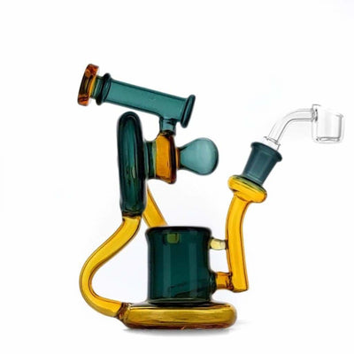 Duotone Inline Recycler: Colorful glass rig with curved tubes, multiple chambers, scientific design