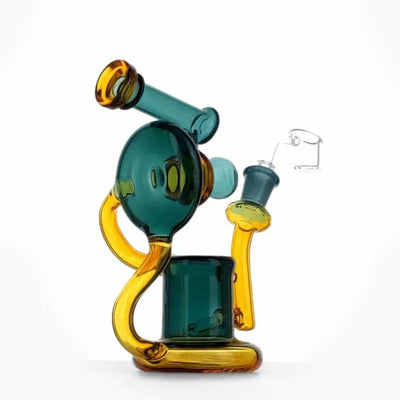 Colorful Duotone Inline Recycler with yellow accents and teal body - Premium Scientific Glass Rig
