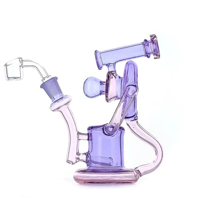 Duotone Inline Recycler: Intricate purple and pink scientific glass rig with multiple chambers