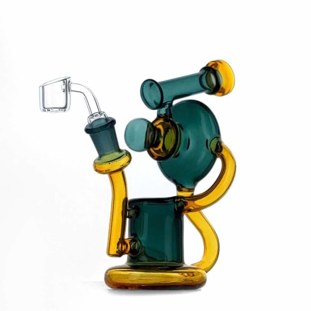 Duotone Inline Recycler: Colorful scientific glass water pipe with curved design and chambers