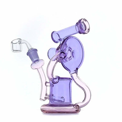 Duotone Inline Recycler: Ornate glass water pipe with purple-tinted sections and intricate curves