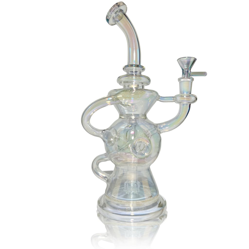 Ornate Glass Astro Recycler With Multiple Chambers And Curved Mouthpiece Bubbling Water Infusion