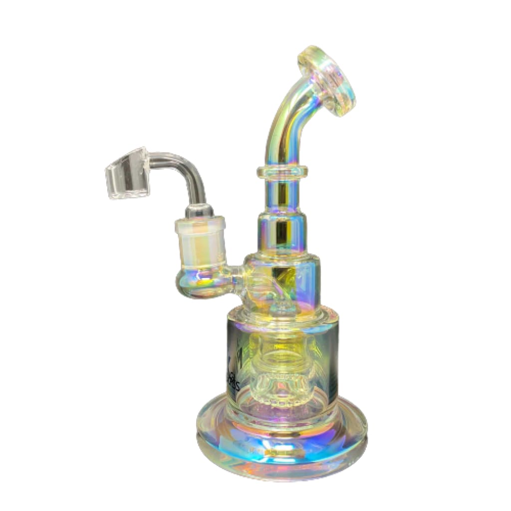 Iridescent electroplated dab rig with fixed downstem and quartz banger