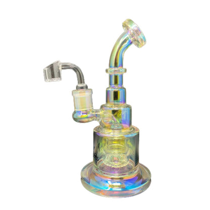 Iridescent electroplated dab rig with fixed downstem and quartz banger