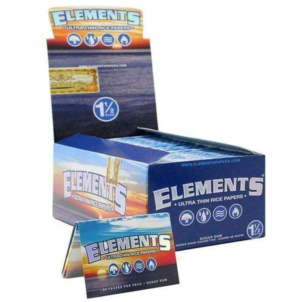 Box of Elements brand rolling paper with individual packs of 1.5 size rolling paper displayed