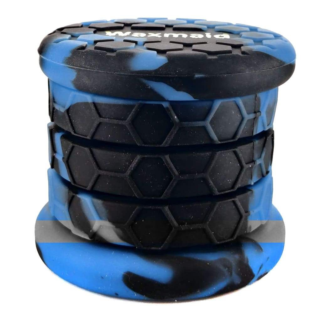 Cylindrical blue and black herb grinder on honeycomb Multicolor Extendable Silicone Jars