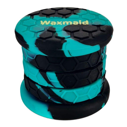 Multicolor extendable silicone jars for smaller smoking accessories, labeled ’Waxmaid’