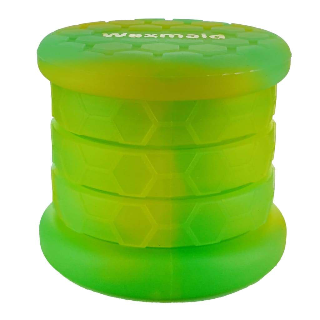 Bright green grinder with ’waxmaid’ text, paired with multicolor extendable silicone jars