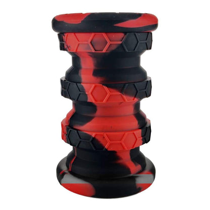 Red and black hexagonal silicone grinder from Multicolor Extendable Silicone Jars