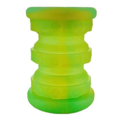 Bright green stool side table beside extendable silicone jars for smaller smoking accessories