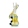 Elegant stained glass decanter shaped like a violin featuring colorful swirled patterns