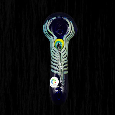Regal Peacock-inspired feather glass pipe with intricate peacock feather design