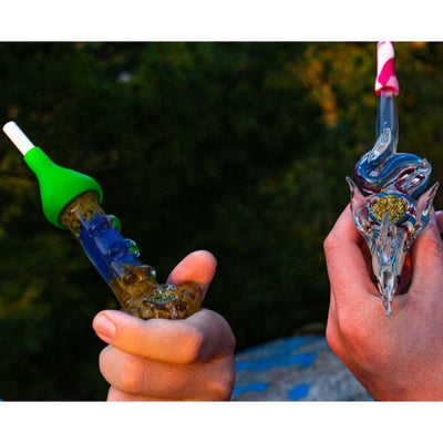 Two glass smoking pipes with green mouthpiece and pink tip - Xlarge Weed Pipes and Adapter