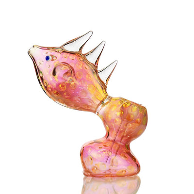 Pink and gold glass sculpture with spiky features from Fish Bubbler Gold Fume Glass Pipe Art