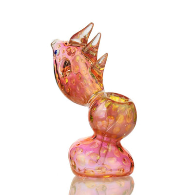Pink glass sculpture with spiky crown in Fish Bubbler Gold Fume Glass Pipe Art
