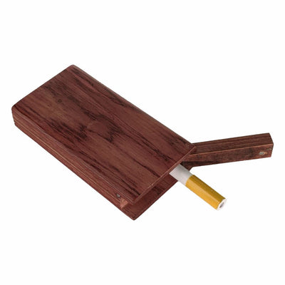 Flat magnet wooden dugout with metal cigarette chillum, sliding lid, and visible cigarette
