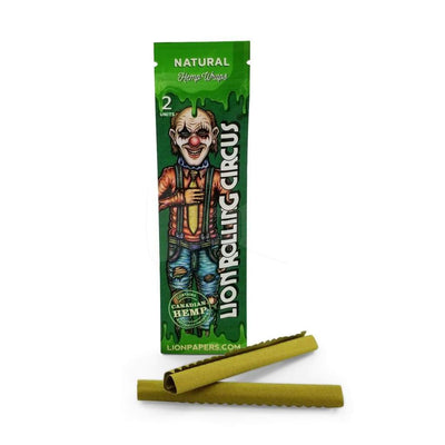 Green Packaging Of Lion Rolling Circus Flavored Hemp Wraps With Yellow Papers And Creepy Clown