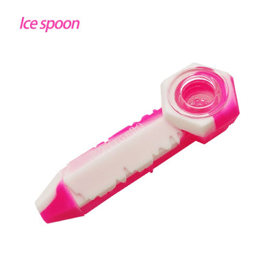 Pink and white Waxmaid Ice Spoon Pipe made of platinum cured silicone. Food safe