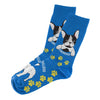 Blue Funky Frenchie patterned crew socks with French Bulldog designs and yellow paw prints