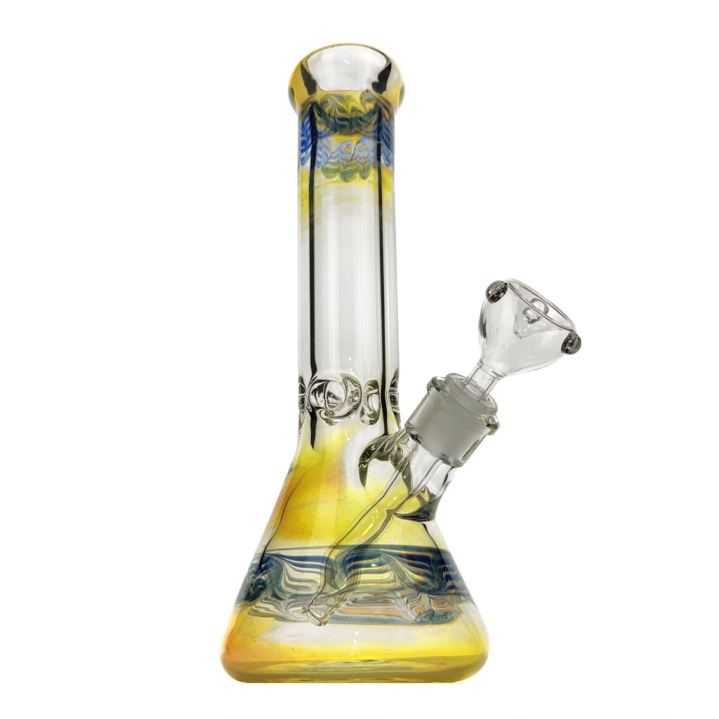 Glass beaker bong with yellow and blue accents, ice catchers, and gold fuming