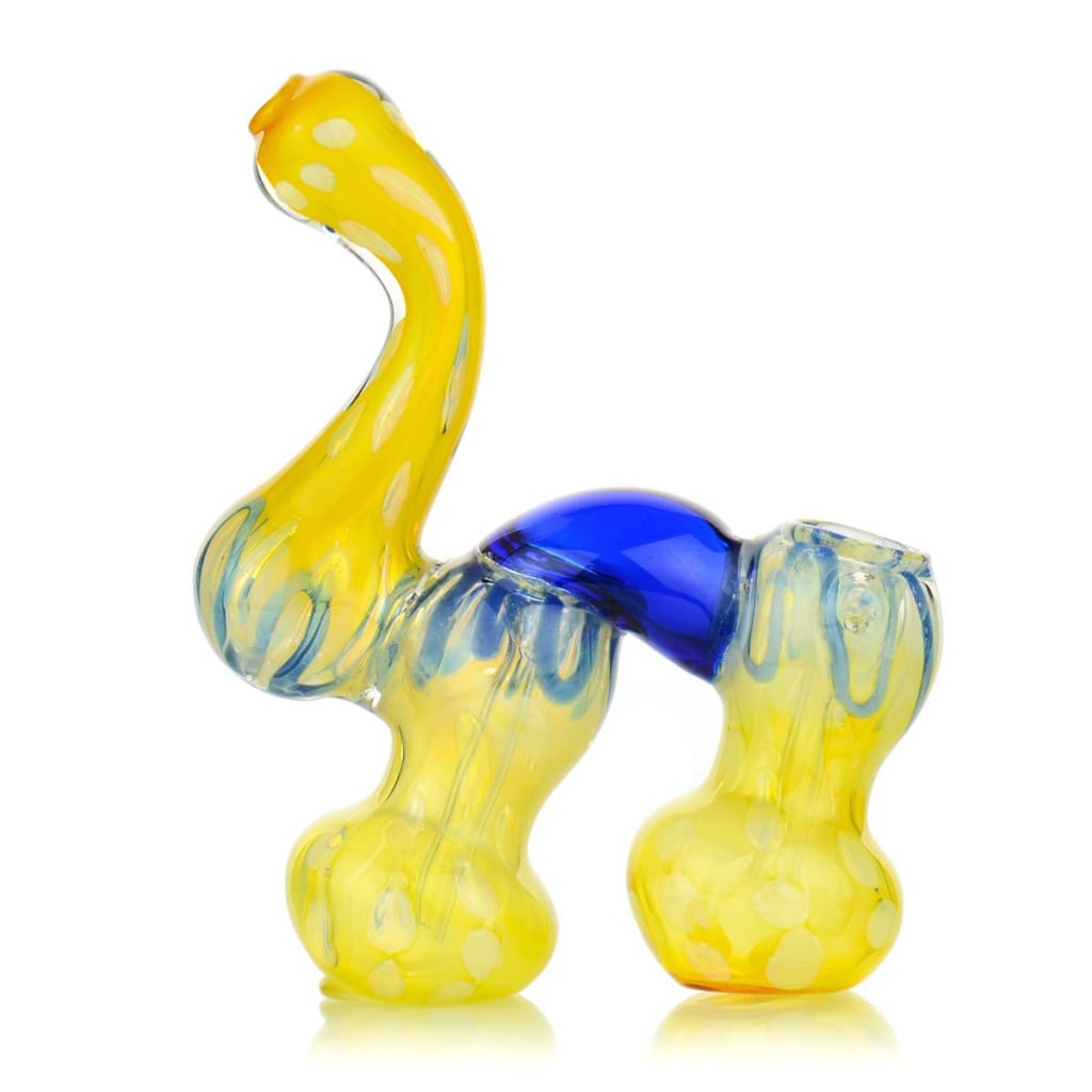 Twisting Glass Bongs Double Chamber Bubbler with Curved Shape and Blue Accents on Yellow Body
