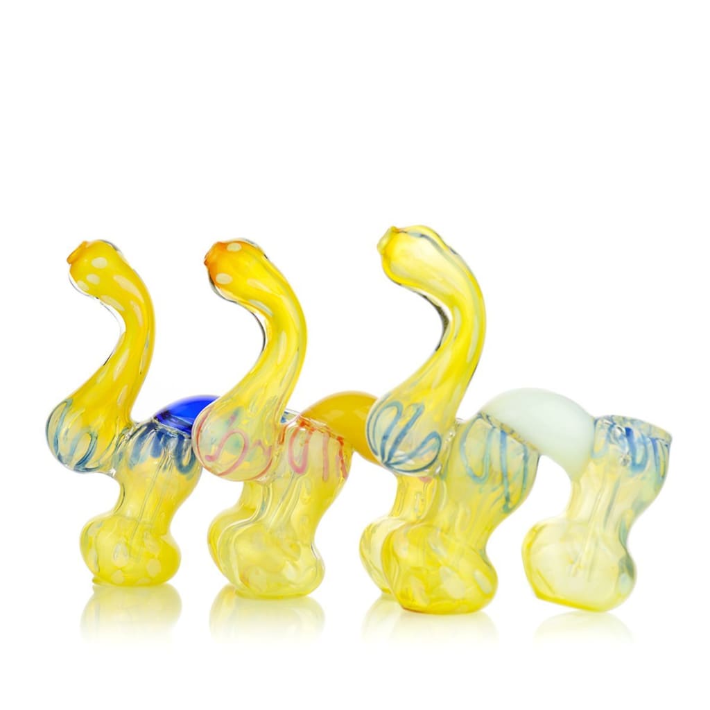 Twisting Glass Bongs: Yellow Curved Neck, Double Chamber Bubbler, Inside Twisting Glass