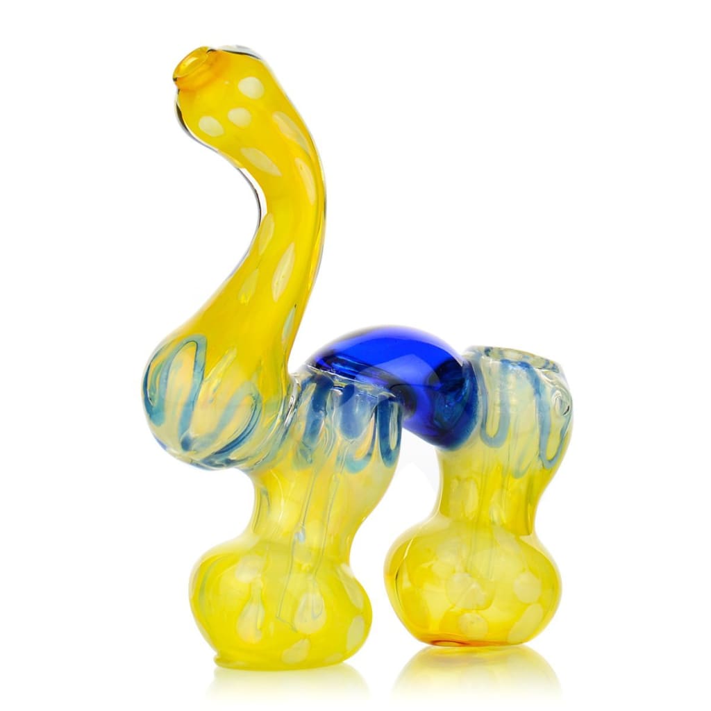 Yellow glass pipe with blue accents, curved shape; Twisting Glass Bongs Double Chamber Bubbler