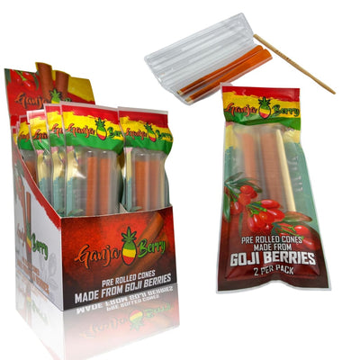 Ganja Berry pre-rolled cones with real goji berry leaves displayed for sale