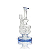 Glass ball recycler with skull-shaped chamber and 10mm borosilicate glass body and blue accents