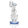 Glass Ball Recycler with intricate chambers and blue accents, made of 10mm borosilicate glass