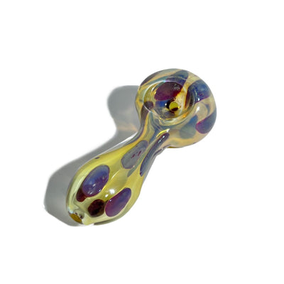 Mini 2.5 inch glass hand pipe with translucent yellow swirling purple blue iridescent spots