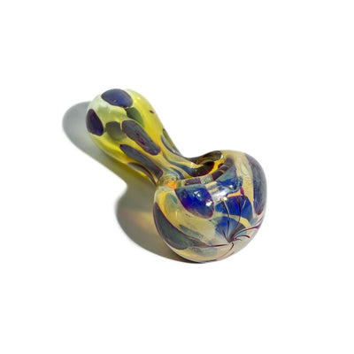 Vibrant yellow and blue mini glass hand pipe, 2.5 inch with swirls