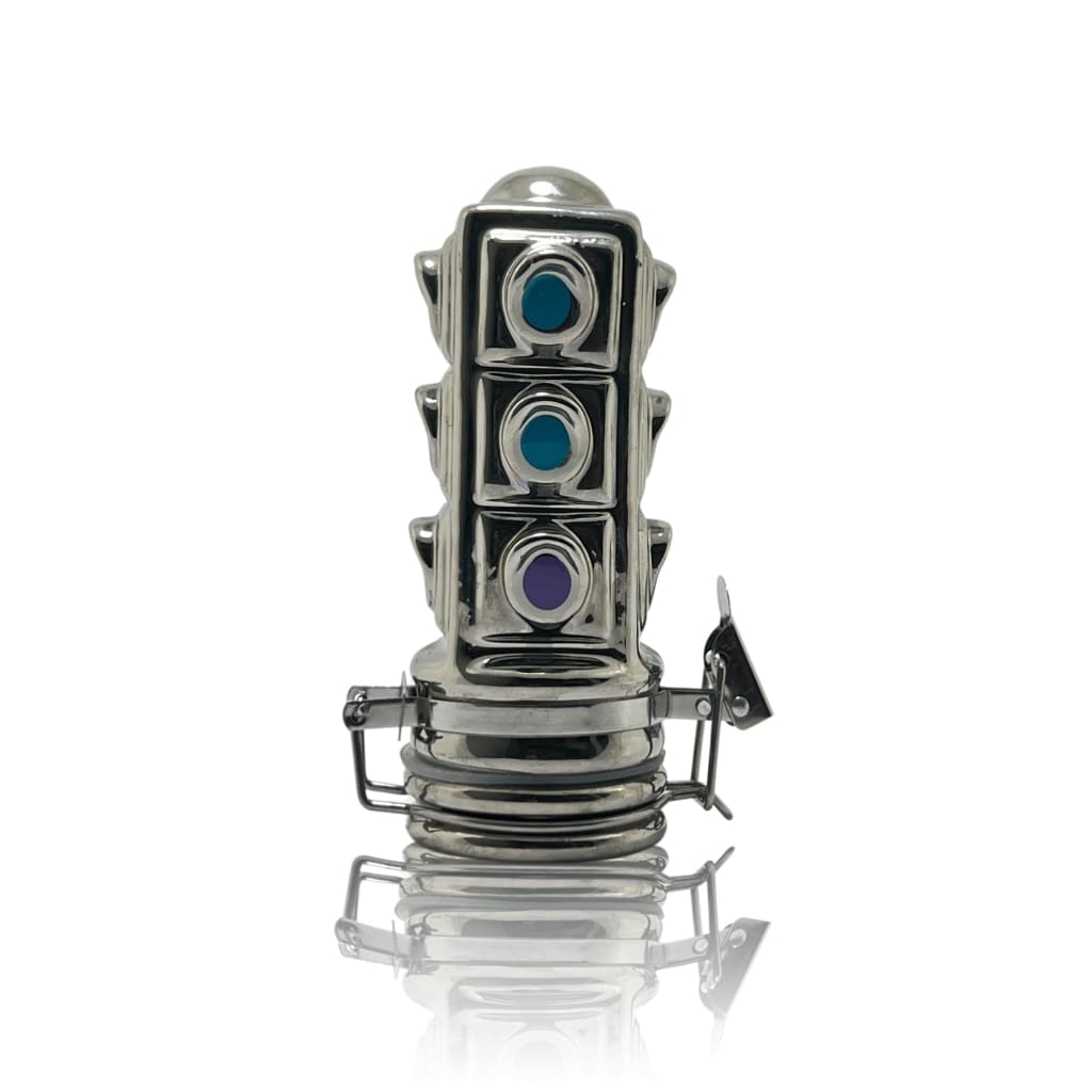 Metallic traffic light device on spring base with glass jars 50ml for functional art