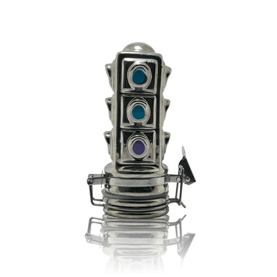 Metallic traffic light device on spring base with glass jars 50ml for functional art