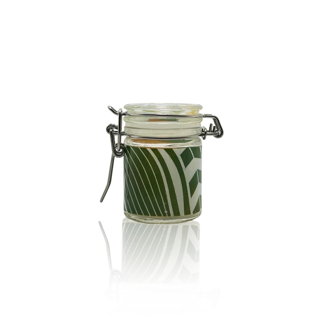Tribal Print Mason Jar - Glass jar with hinged lid, green leaf pattern; functional art in 50ml
