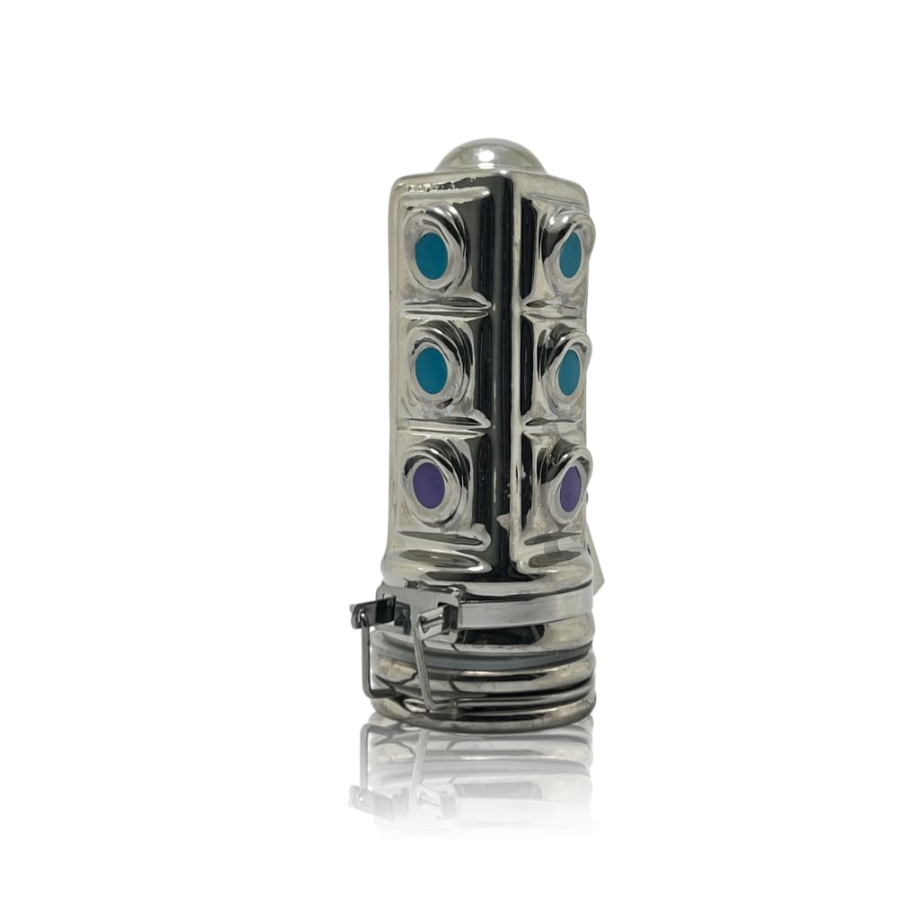 Metal chastity device with gemstone accents on ’Tribal Print Mason Jar - Functional Art In 50ml’