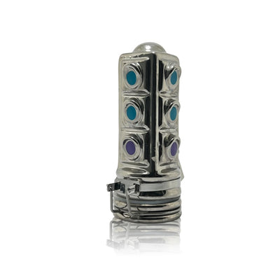 Metal chastity device with gemstone accents on ’Tribal Print Mason Jar - Functional Art In 50ml’