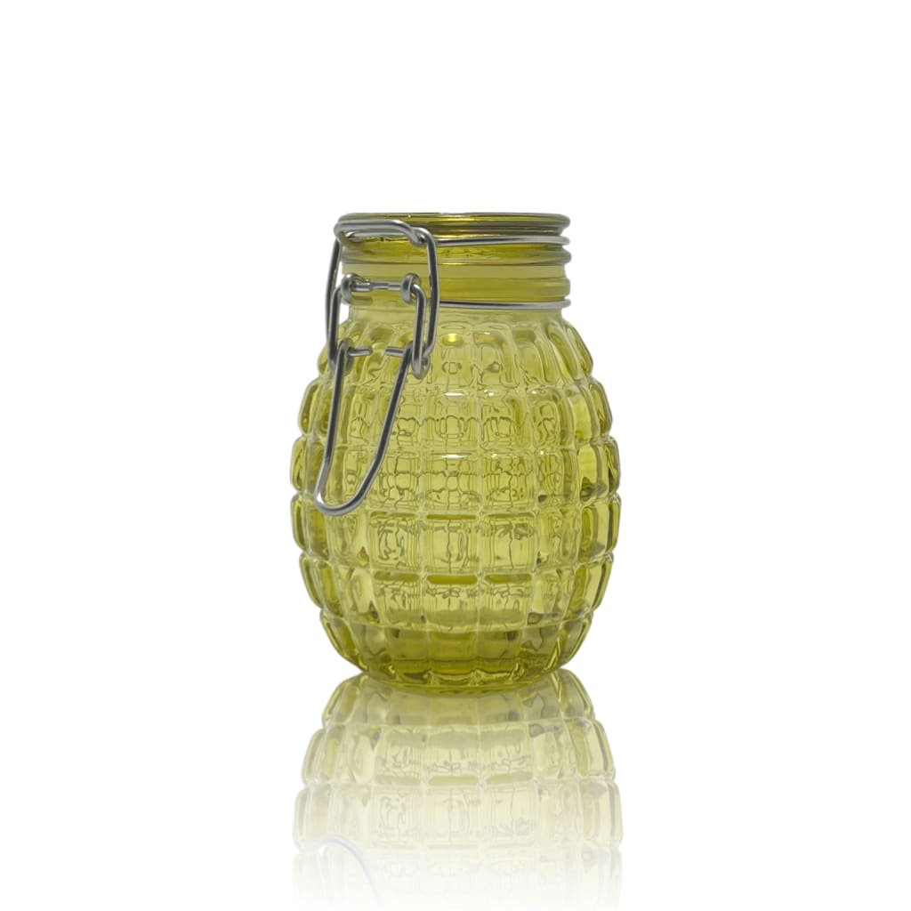 Yellow 50ml glass jar with pineapple texture, metal clasp; functional art collectible