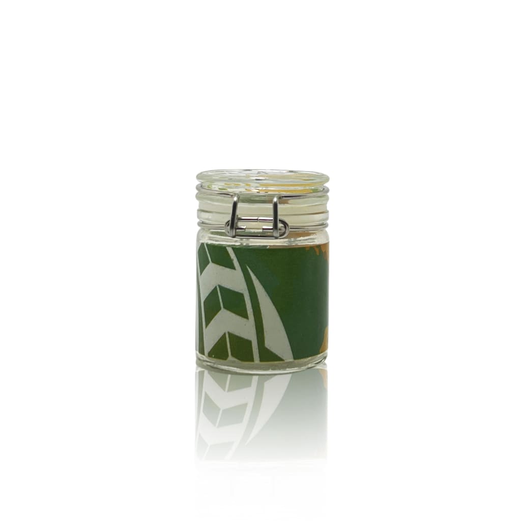 Glass jar with green leaf label and clasp lid, Tribal Print Mason Jar - functional art 50ml