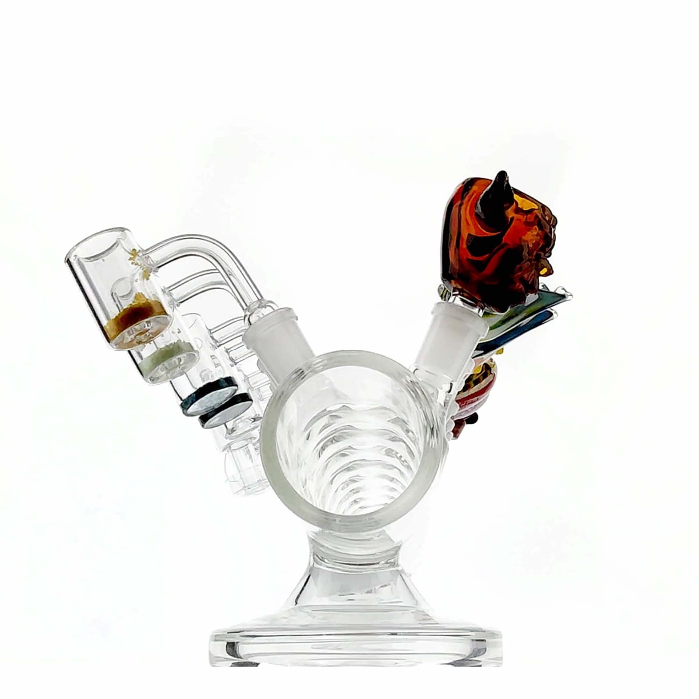 Intricate glass water pipe with multiple chambers in 16 Slot Glass Slide Display for Quartz Bangers