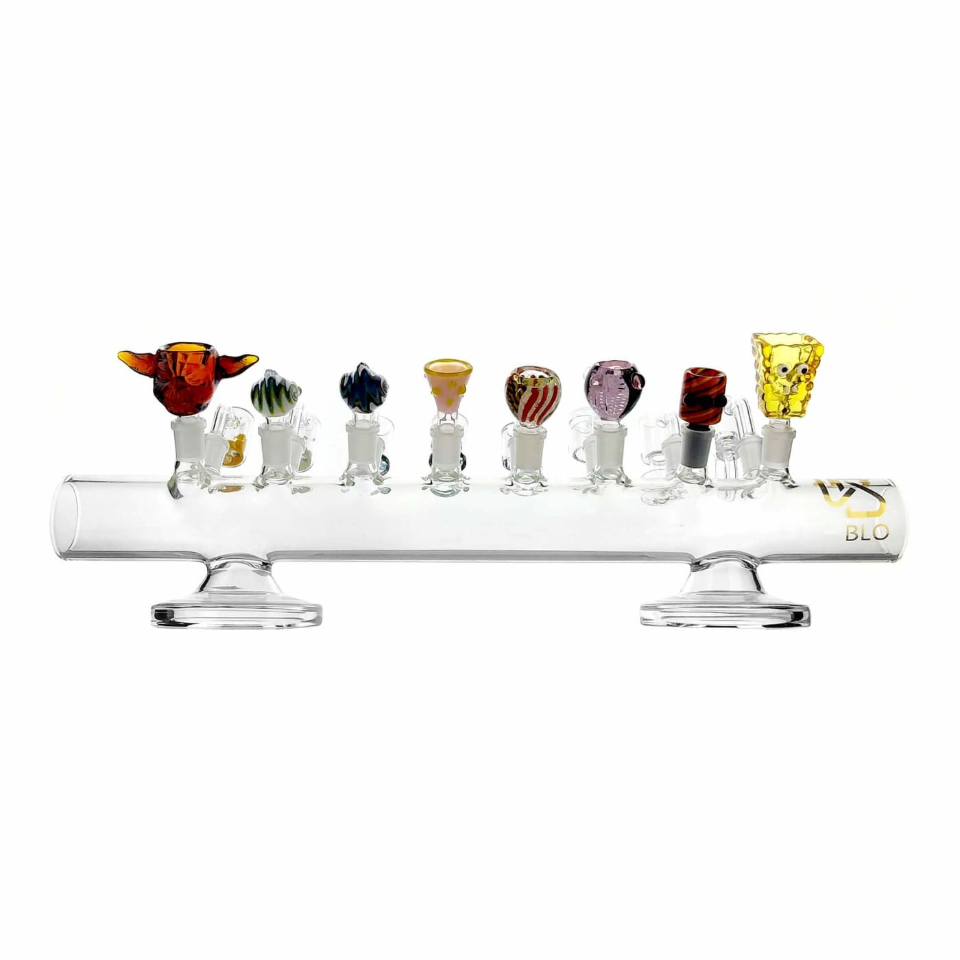 Glass menorah with colorful bowls in 16 Slot Glass Slide Display for Quartz Bangers