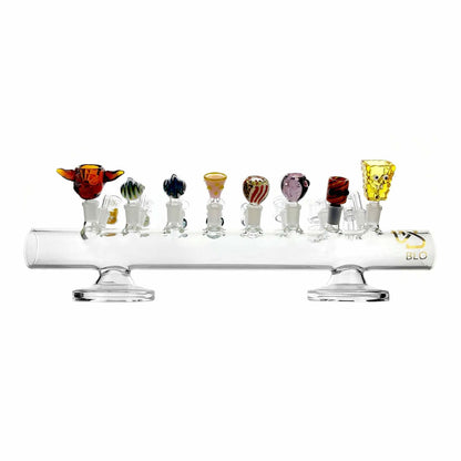 Glass menorah with colorful bowls in 16 Slot Glass Slide Display for Quartz Bangers