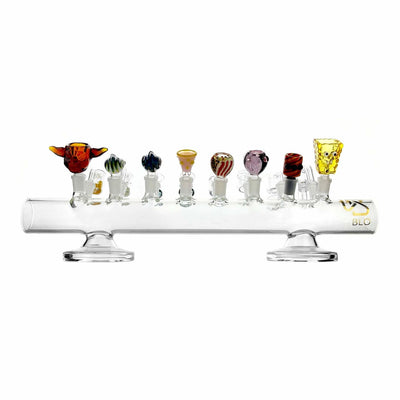 Glass menorah with colorful bowls in 16 Slot Glass Slide Display for Quartz Bangers
